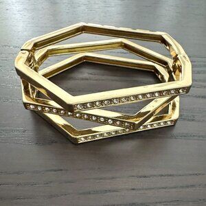 Gold Tone Clamper Bangle Bracelet Clear Rhinestones Geometric Shapes